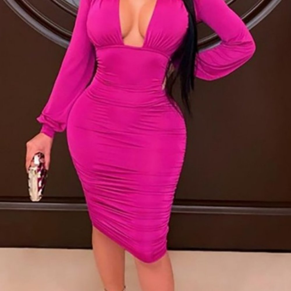 Just Pretty Long Sleeve Low Cleavage Hot Pink Party Dress